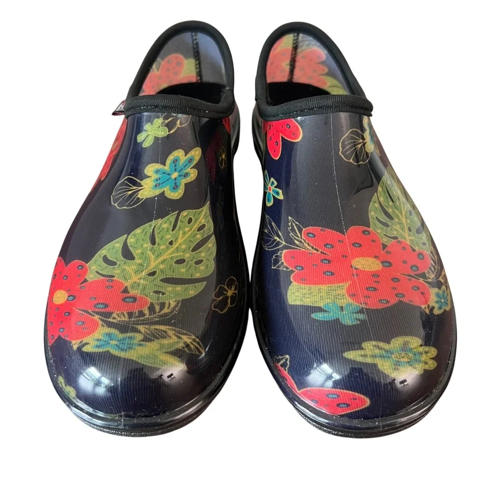 HISEA Womens Floral Garden Clogs Black Waterproof Rain Shoes Size 9